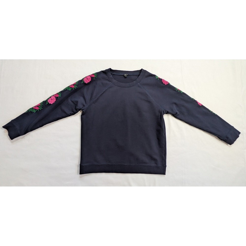 J Crew Sweatshirt Floral Embroidered Sleeve Pullover Navy Blue Women's Large L